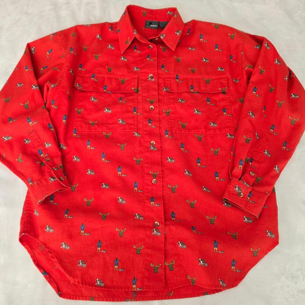 Lizwear Red Hunters Dogs Moose Print Shirt M Vintage Outdoors Cotton